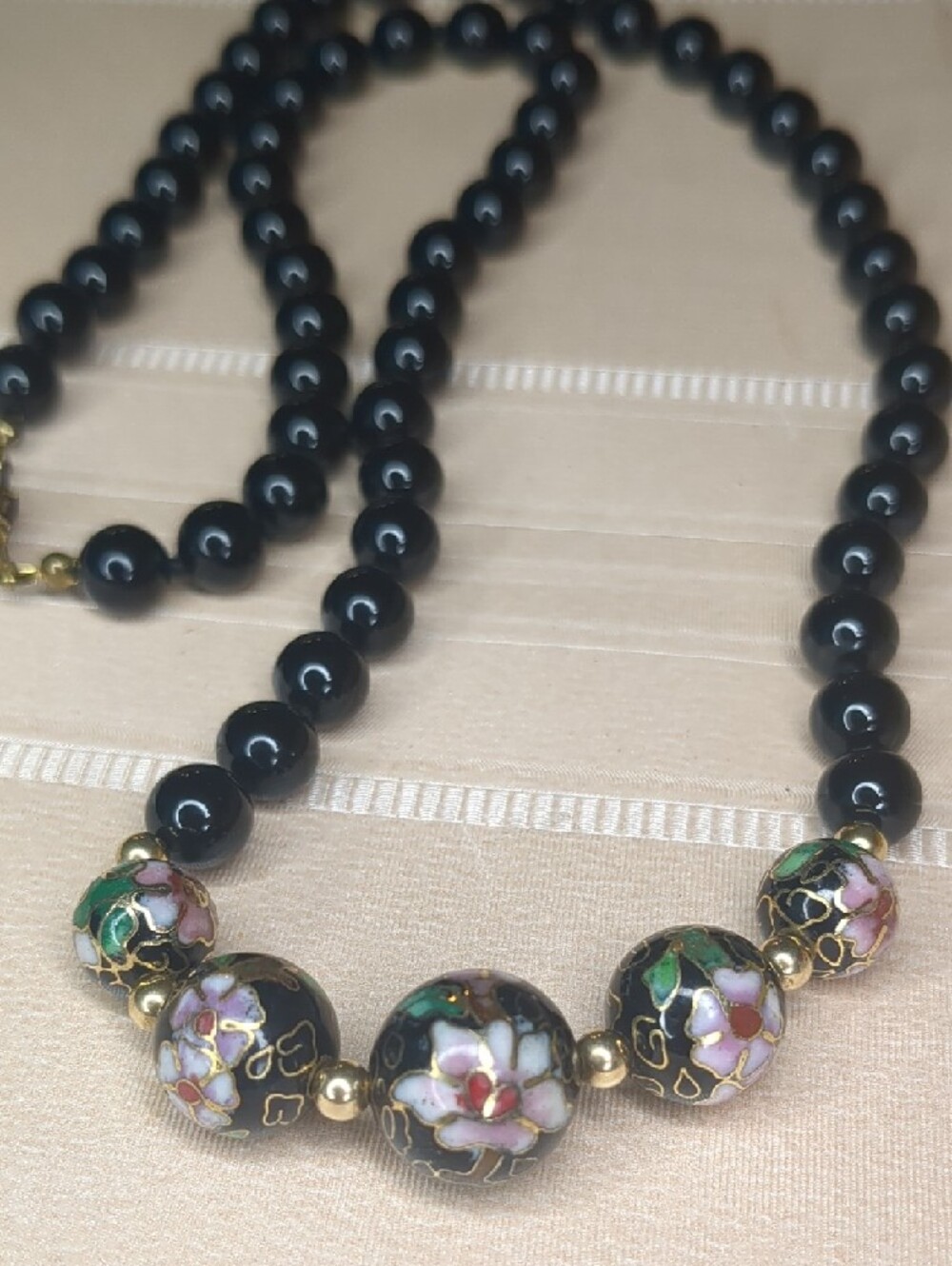 Vintage 60s Black Pink Cloisonne Necklace Painted Floral  24"